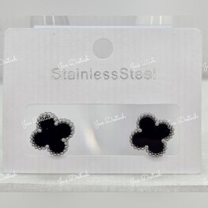 Black Clover Stainless Steel Stud Earrings - Rhodium Trim ER150